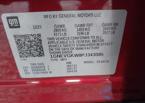 2023 Chevrolet Traverse Awd Lt Cloth z USA, uszkodzony, nr VIN 1GNEVGKW8PJ343085